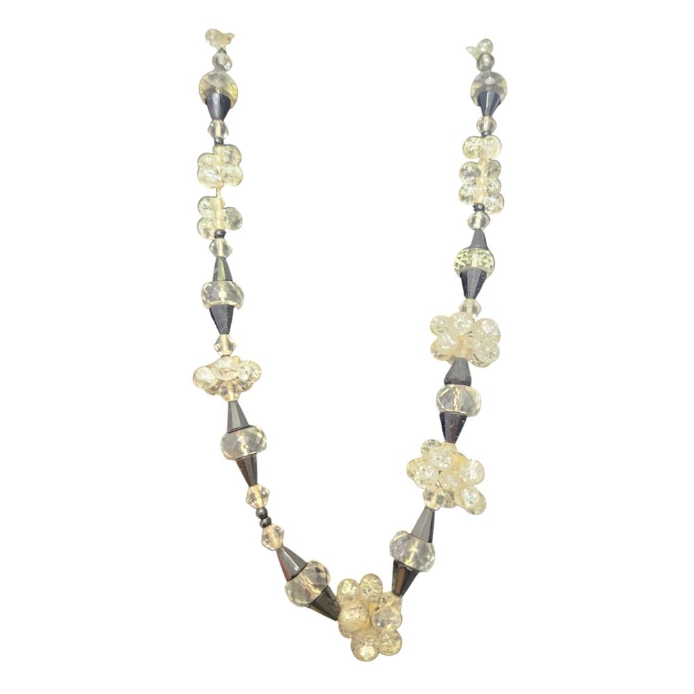 Art Deco black and clear glass faceted and round cluster beads on string 17"